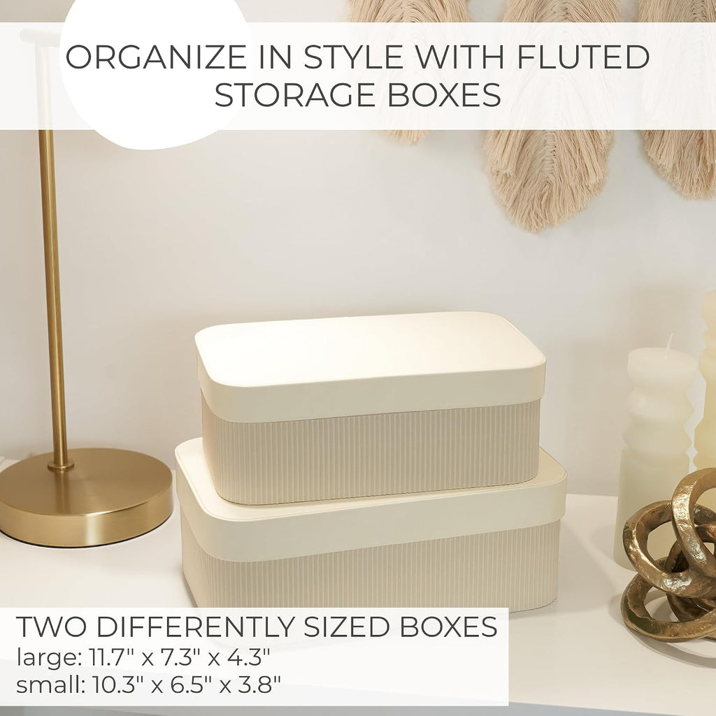 Decorative Storage Boxes with Lids Fluted Photo Organizer Bins - Set of 2