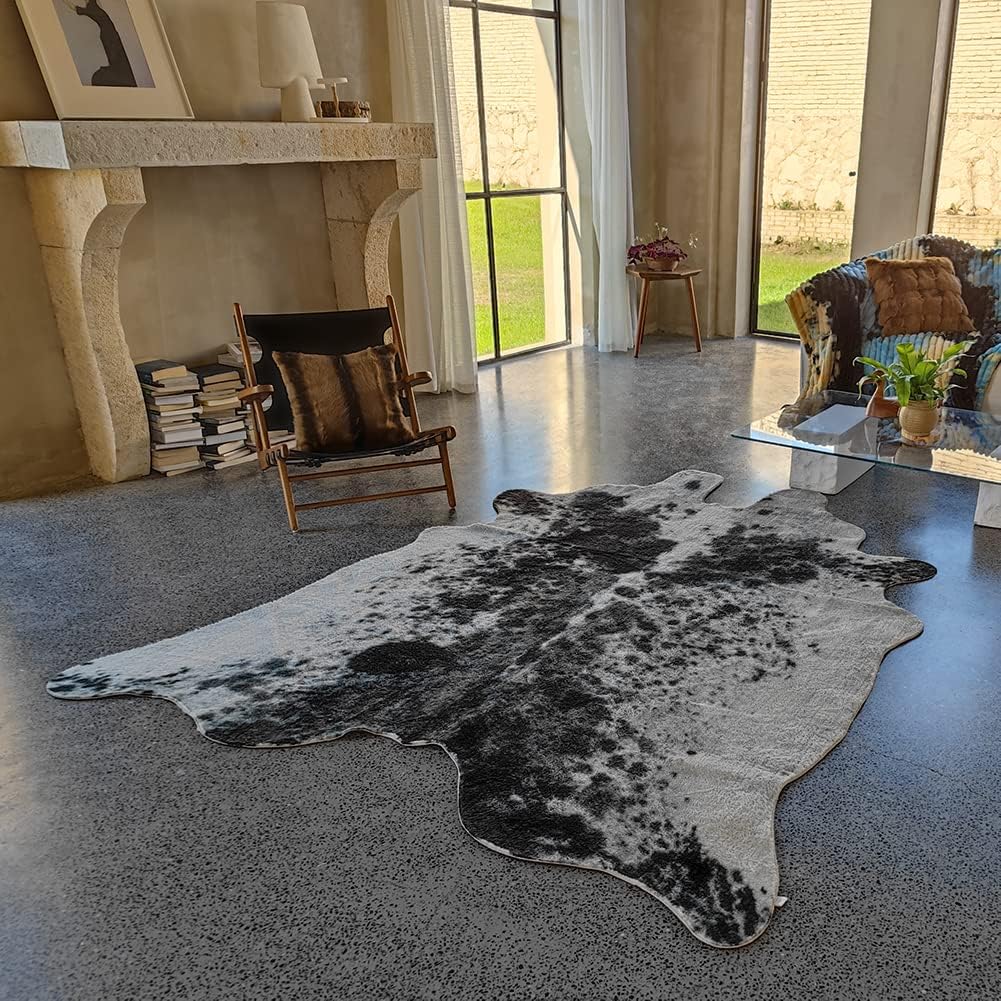 Faux Cowhide Rug 6.4 ft x 8 ft Black and White Cow Print Area Rug Faux Animal Skin Rug Bedroom Nursery