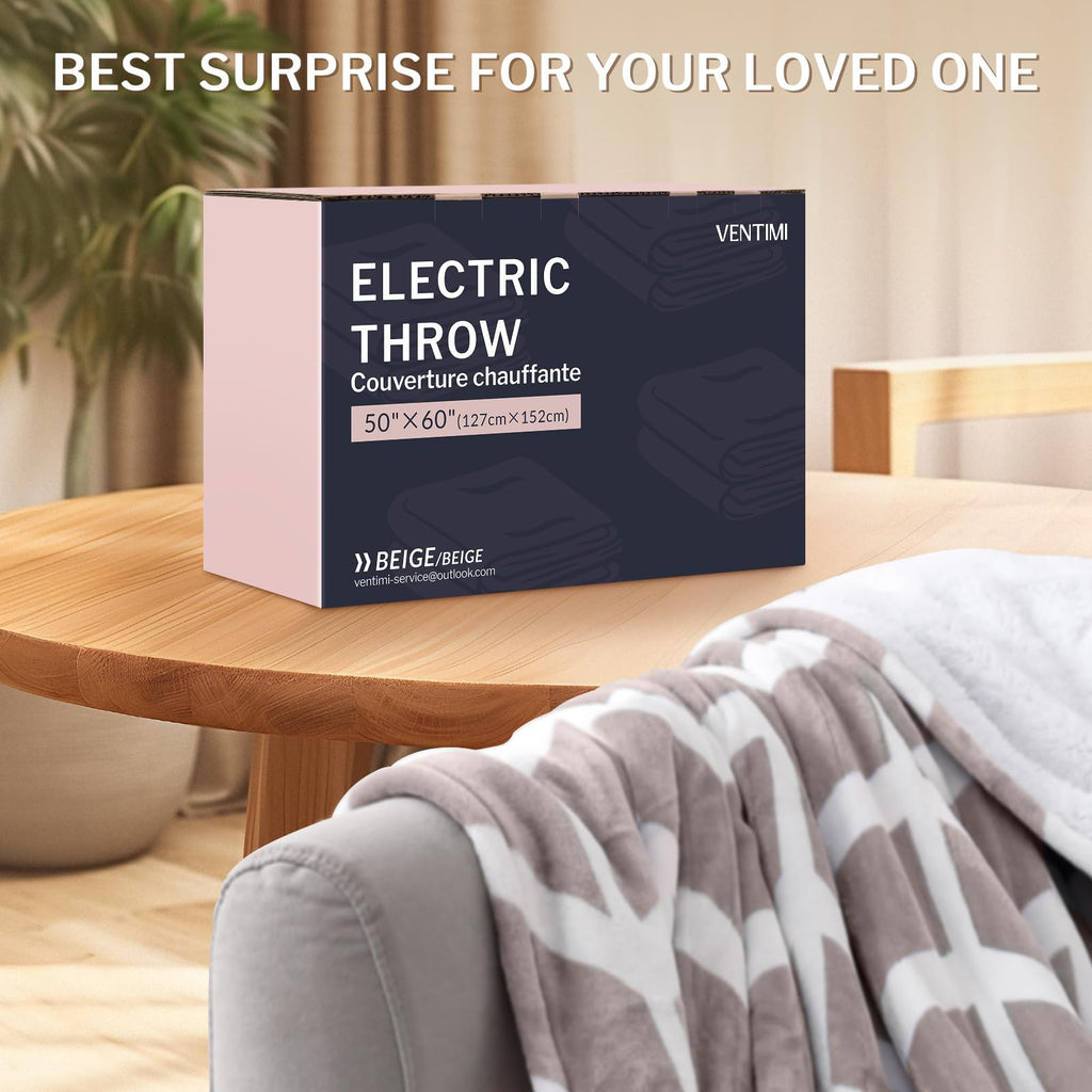 Heated Throw Blanket, 5 Heat Levels & 3 Hours Auto Off, Beige