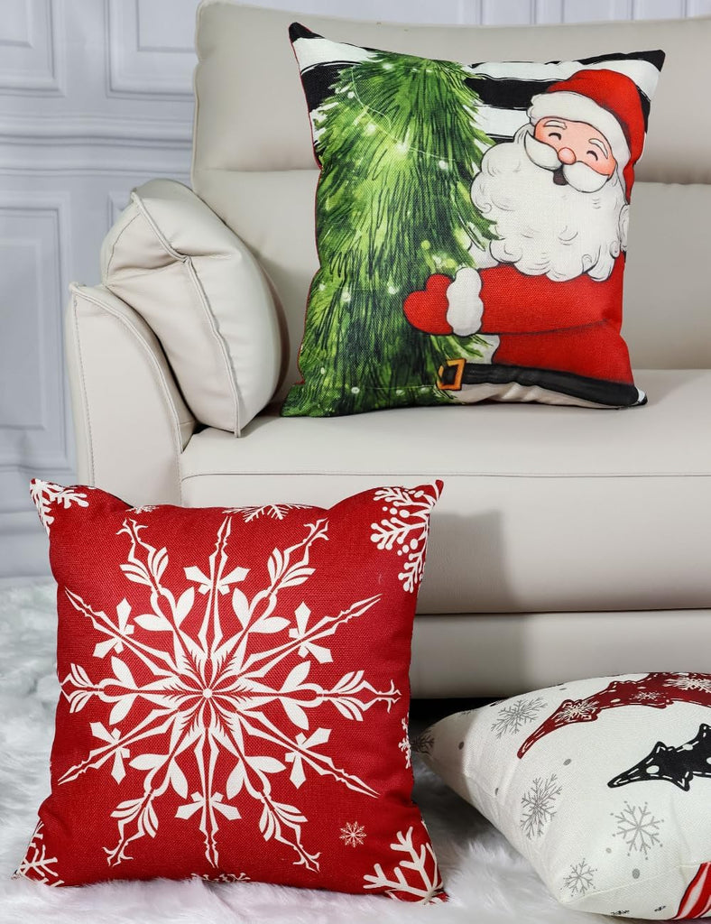 Double-Sided Print Christmas Pillow Covers 16''x16'', 8 Christmas Patterns Christmas Tree, Snowman - Set of 4