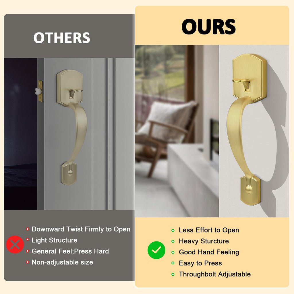 Front Door Handle,Brushed Gold, Heavy Duty Exterior Door Handle with Reversible Lever, Satin Gold Entry Lock Grip