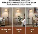 Dimmable Floor Lamp，Standing Lamp Rotary Switch with Table&Linen Beige Shade，Brown Tall Lamps with Adjust Head，9W LED