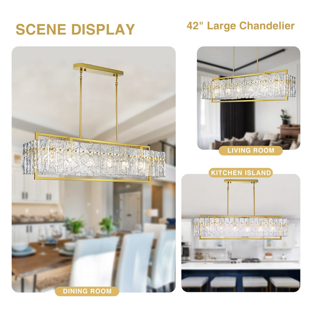 Modern Rectangle Gold Crystal Chandeliers, 42" Large Rectangular Water Ripple Glass Island Light Fixture, Elegant