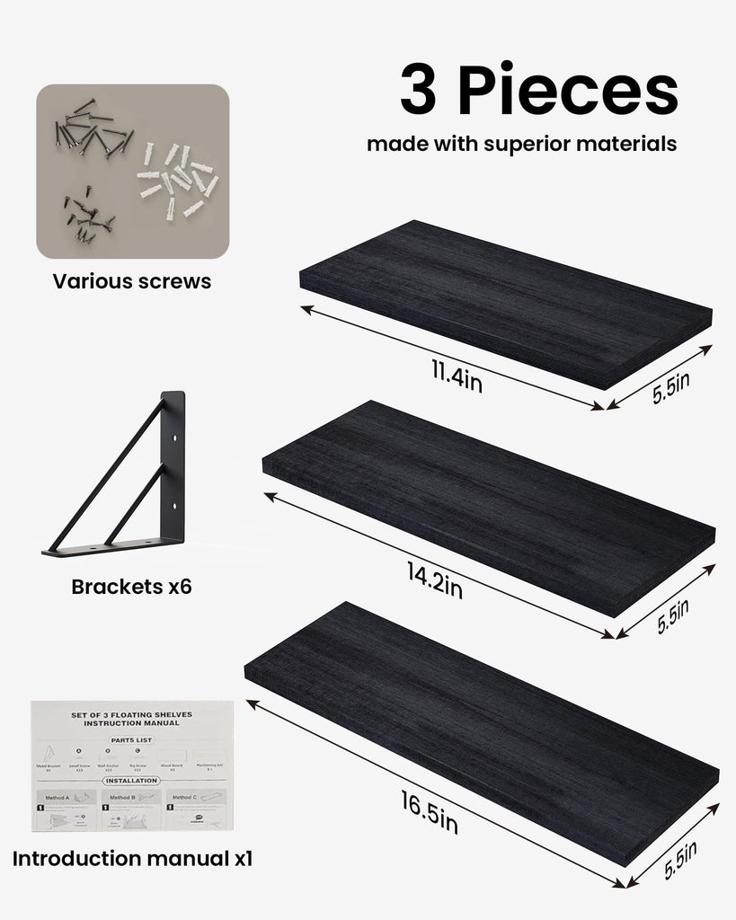 Wall Mounted Floating Shelves (Black, Set of 3, 16" Mixed)