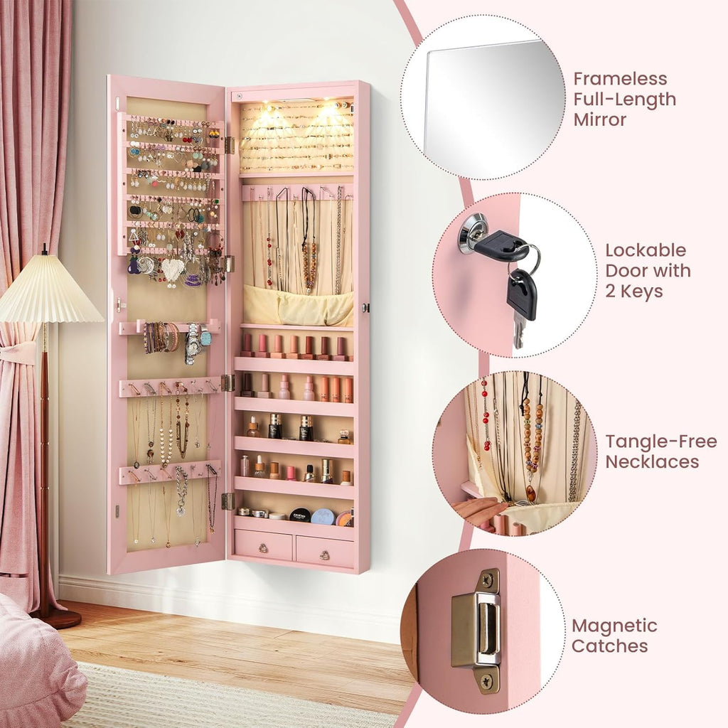 Wall or Door Mounted Lockable Jewelry Armoire with Full-Length Mirror