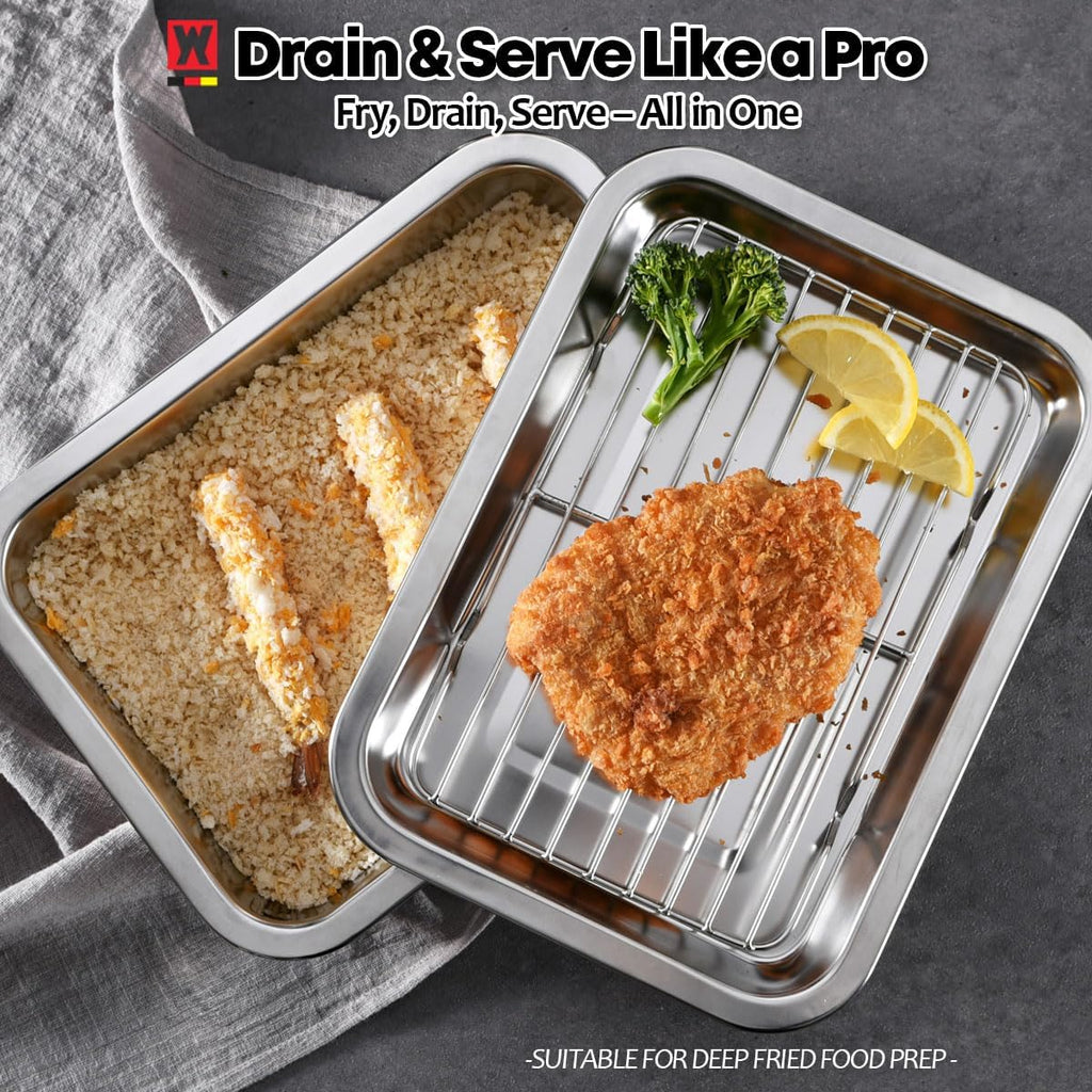 Stainless Steel Food Prep Container with Rack & Lid (Tray), 4.54Quarts, Catering Pans, Restaurant Pans, Buffet Party