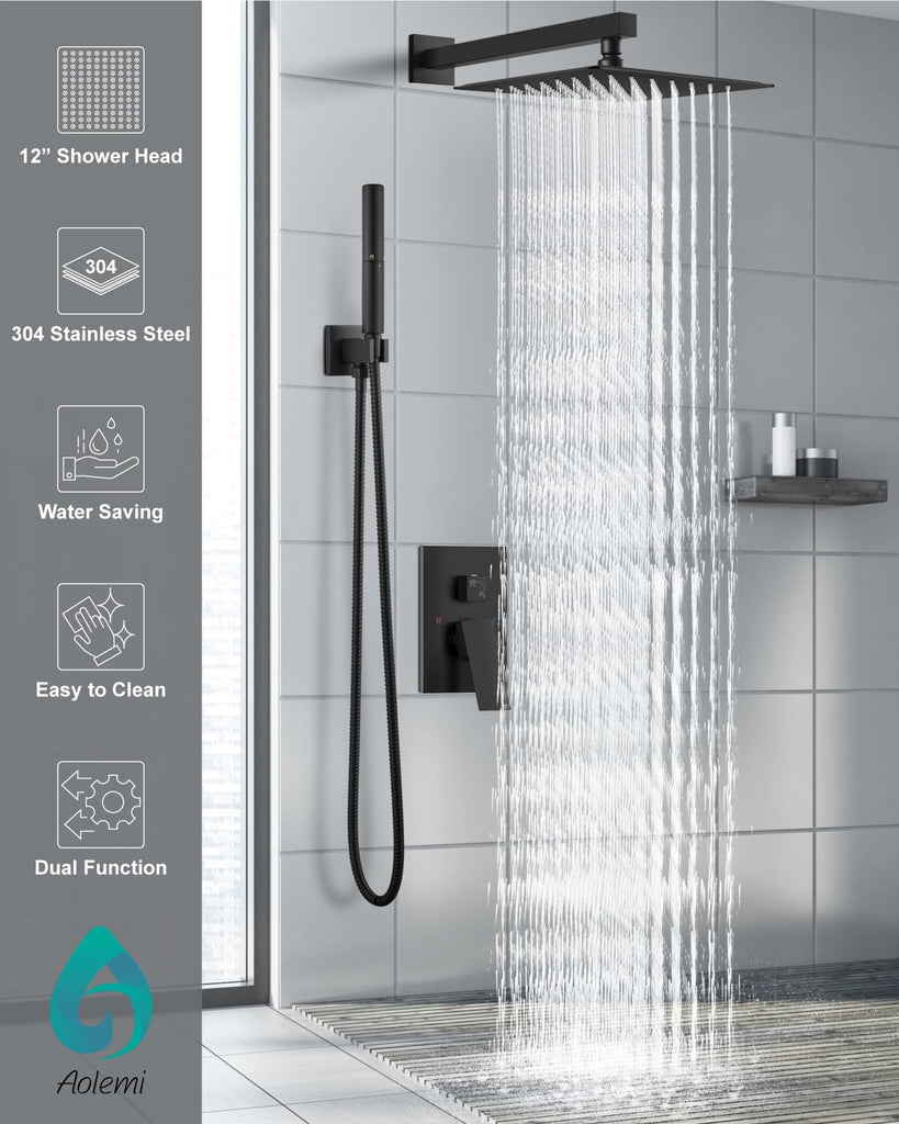 Shower System with Rain Head and Handheld,12-Inch,Matte Black