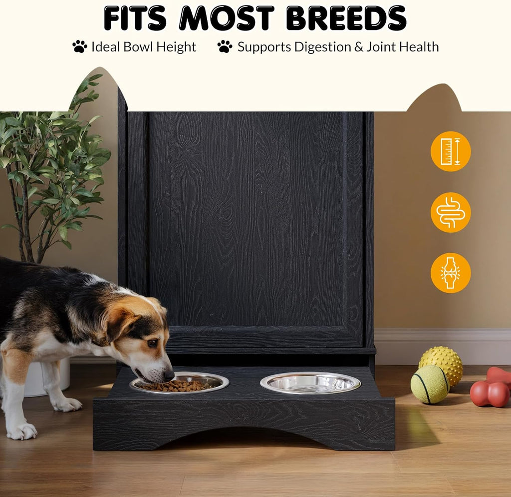 Tilt Out Trash Can Cabinet with Dog Bowl, 10 Gallons Dog Feeding Station with Storage, Dog Food Cabinet with Hideaway