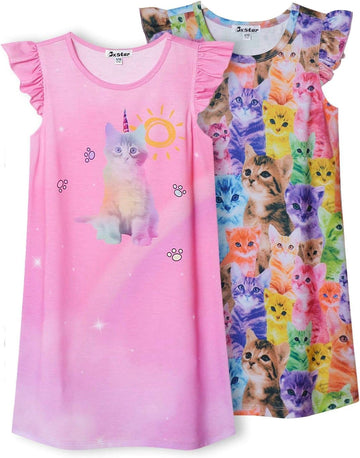 Pack Nightgown for Girls Flutter Sleeve Pajamas Cotton Sleepwear Night Dresses