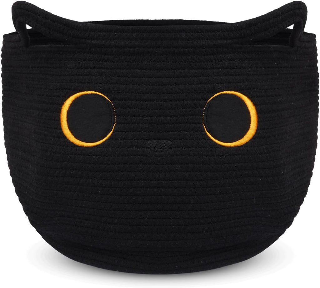 Cute Black Cat Round Basket - Cotton Rope Baskets Large Baby Laundry | Blasket , Woven Blanket Basket Hamper With