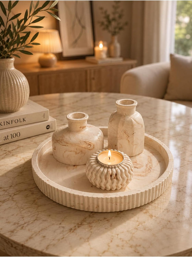 Decorative Tray Set with Vase and Candle Holder - Modern Living Room accent piece Console Table Decor - Beige Marble