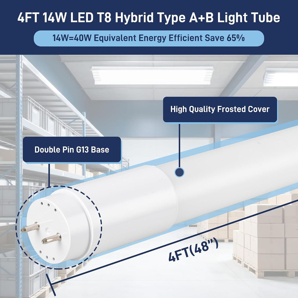 T8 LED Bulbs 4 Foot, 186LM/W, 5CCT 3000-6500K 14W 2600LM, Type A+B DLC 6.0