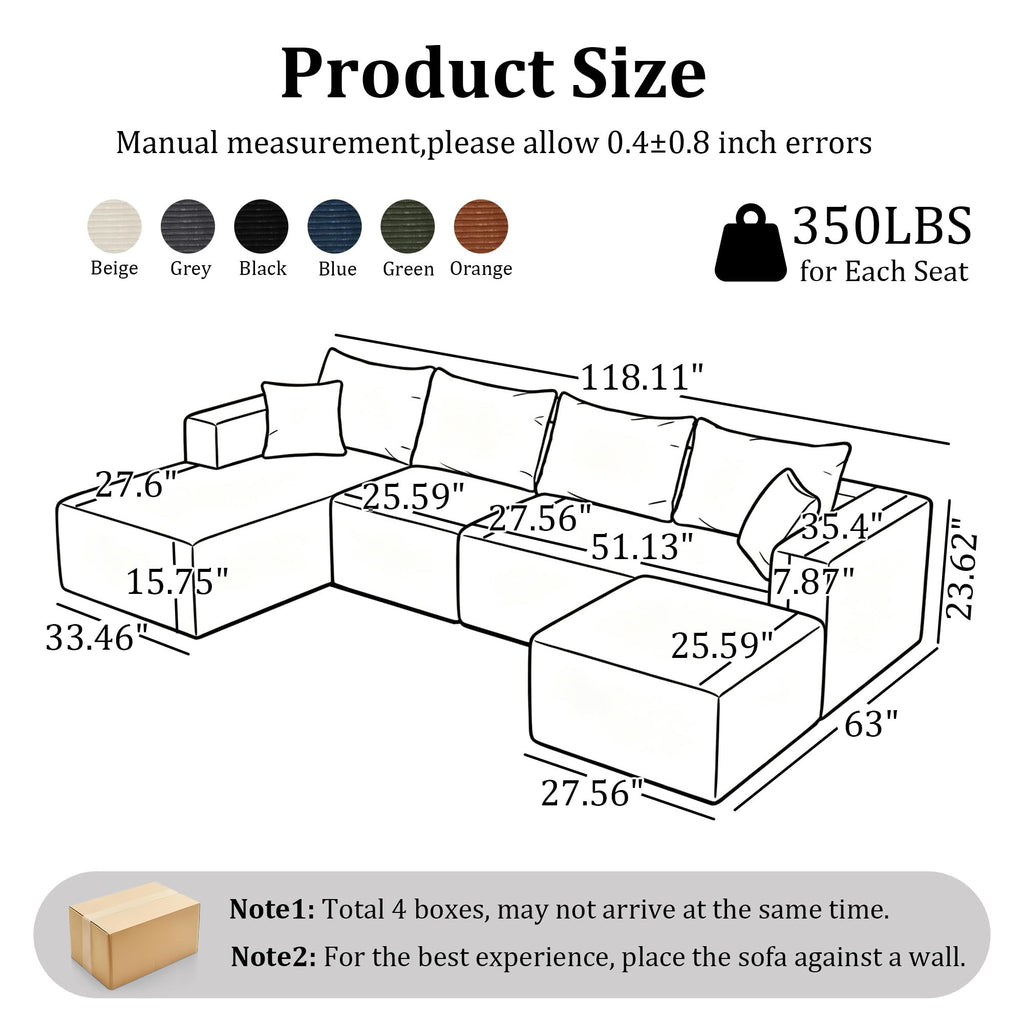 Boneless Couch U-Shaped Sectional Sofa with Left Facing Chaise 118''-Green