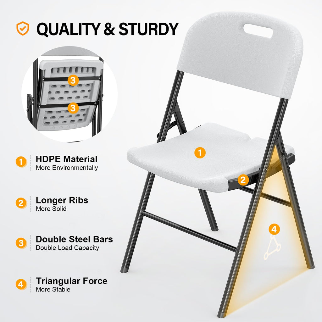 Folding Chairs, Heavy Duty Foldable Chair Portable HDPE Plastic Seat with Steel Frame for Indoor Outdoor Dinning