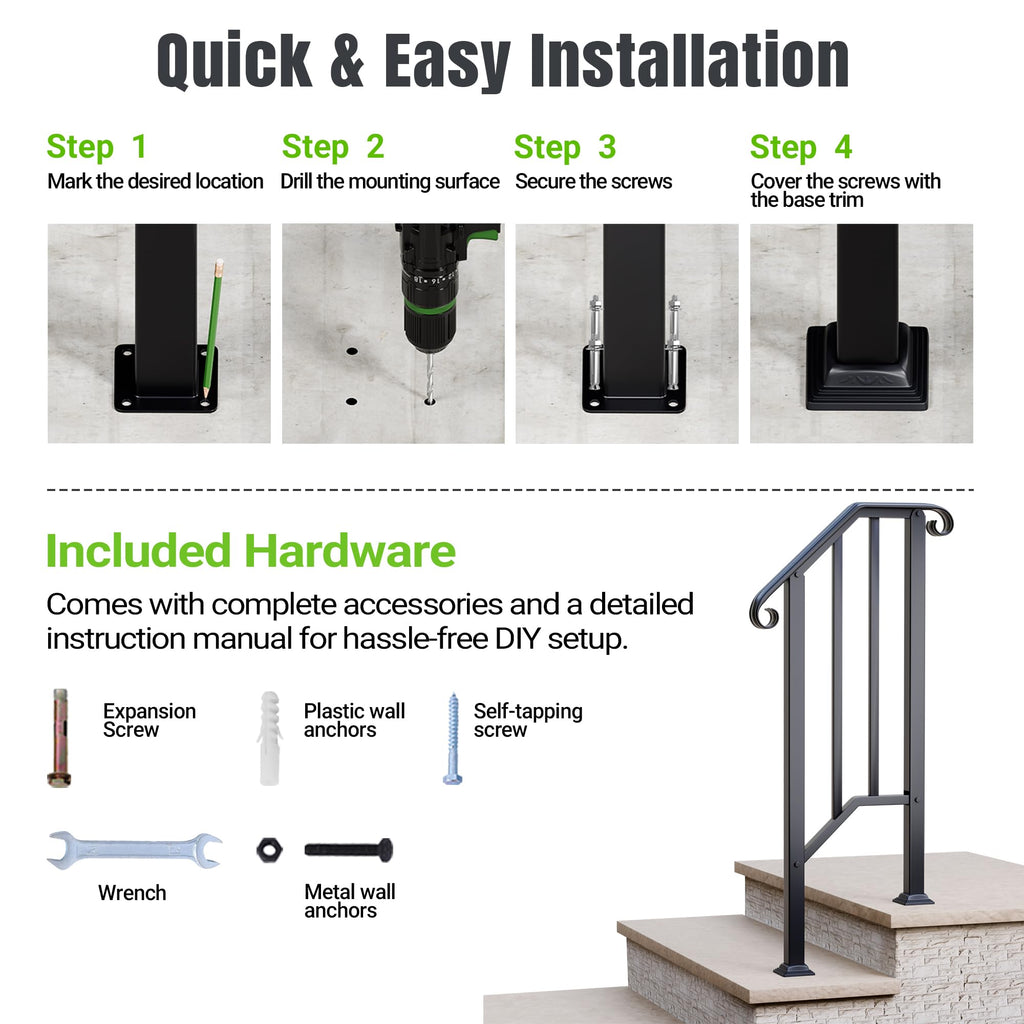 2 Step Handrails for Outdoor Steps, Wrought Iron Stair Railing Fits 1 or 2 Steps, Metal Hand Rail with Installation