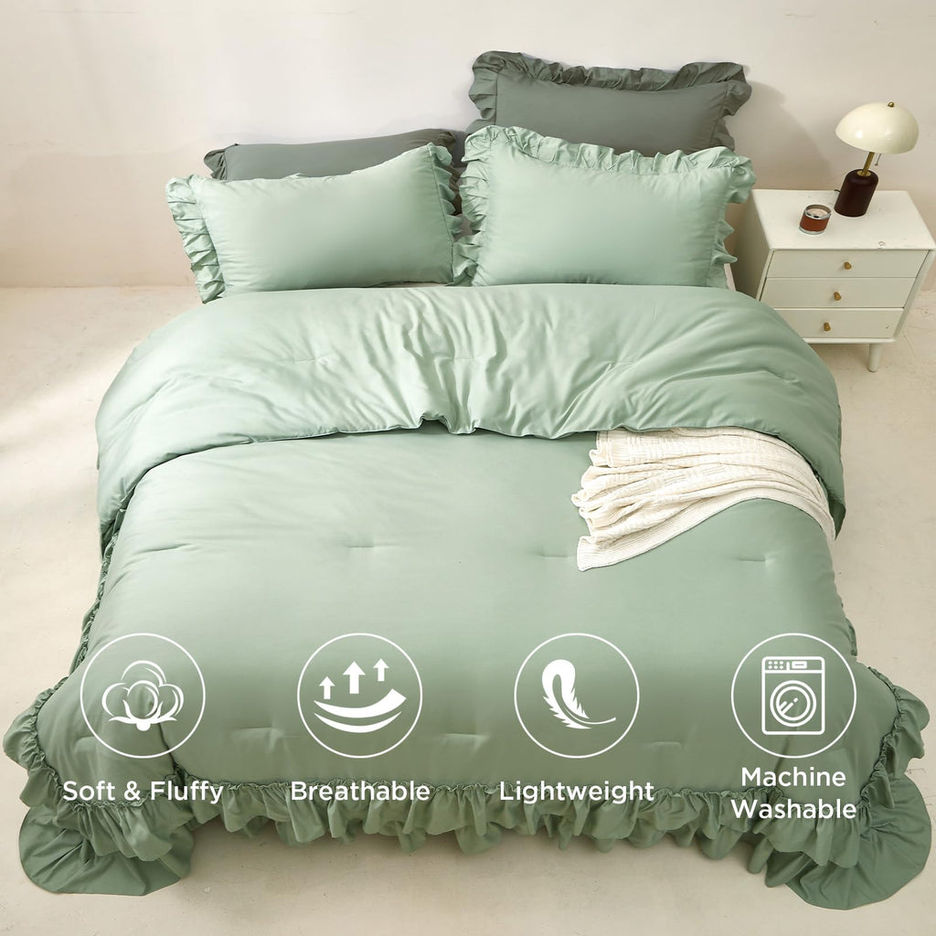 Comforter Set Sage Green, Lightweight Fluffy Farmhouse Ruffle Bedding Set, Soft Microfiber All Season