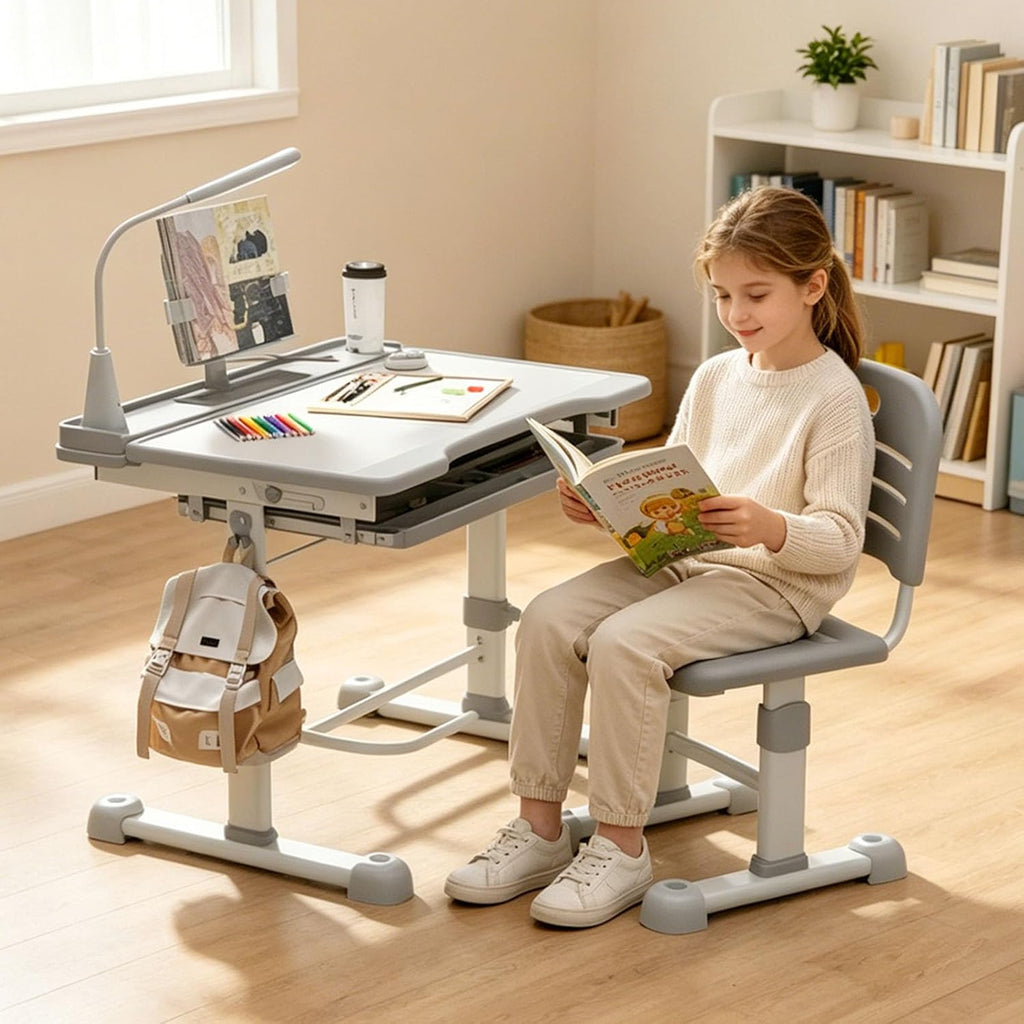 Adjustable Kids Study Desk and Chair Set, 55 Inch Tilt Tabletop