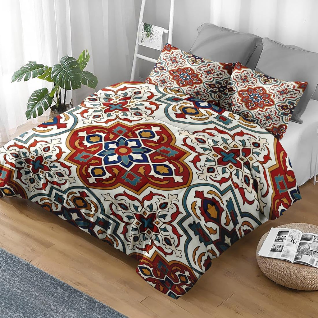 Full Comforter Set, 3 Pieces Moroccan Boho Bedding, All Season