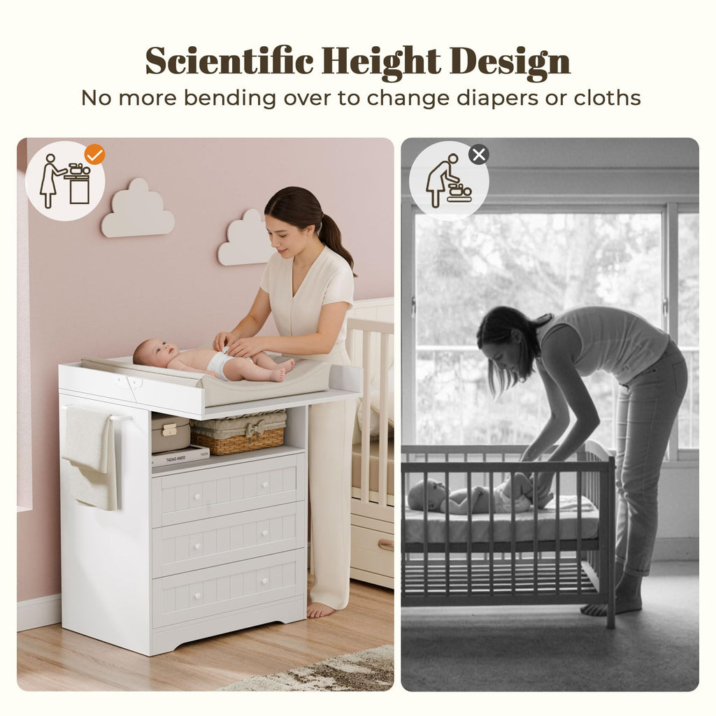 Baby Changing Table with Foldable Tabletop, White Baby Dresser with 3 Drawer