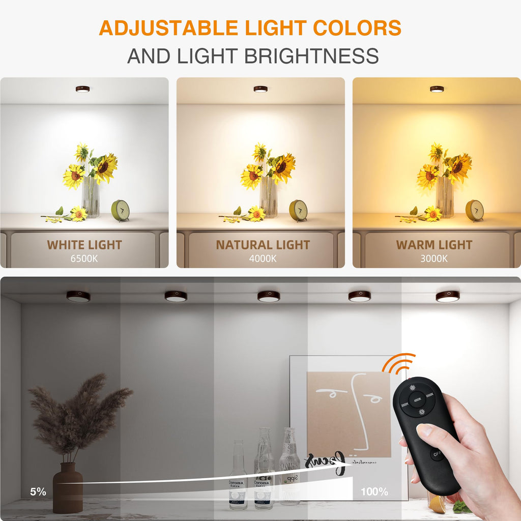 Puck Lights with Remote Control Rechargeable, Full-Screen Wireless LED Under Cabinet Lighting with Light Guide