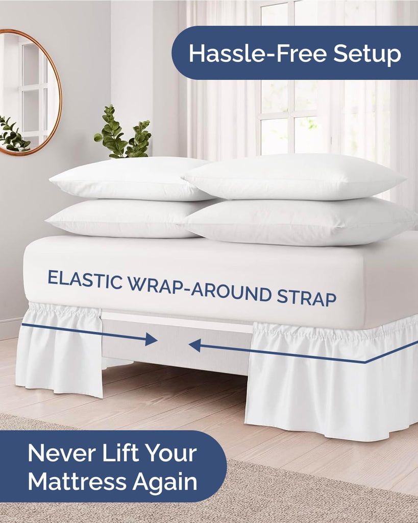 CGK Wrap Around Dust Ruffle Bed Skirt - King Size, 21" Inch, White