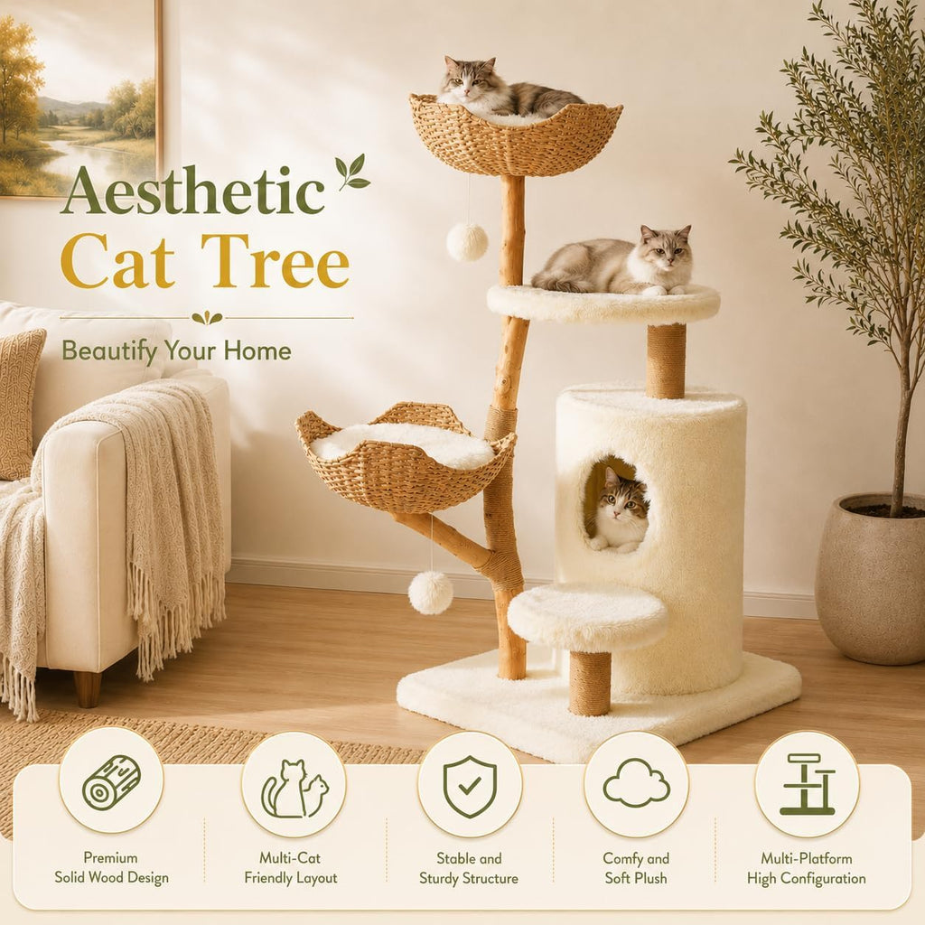 52.2" Real Wood Cat Tree with Basket Beds, White
