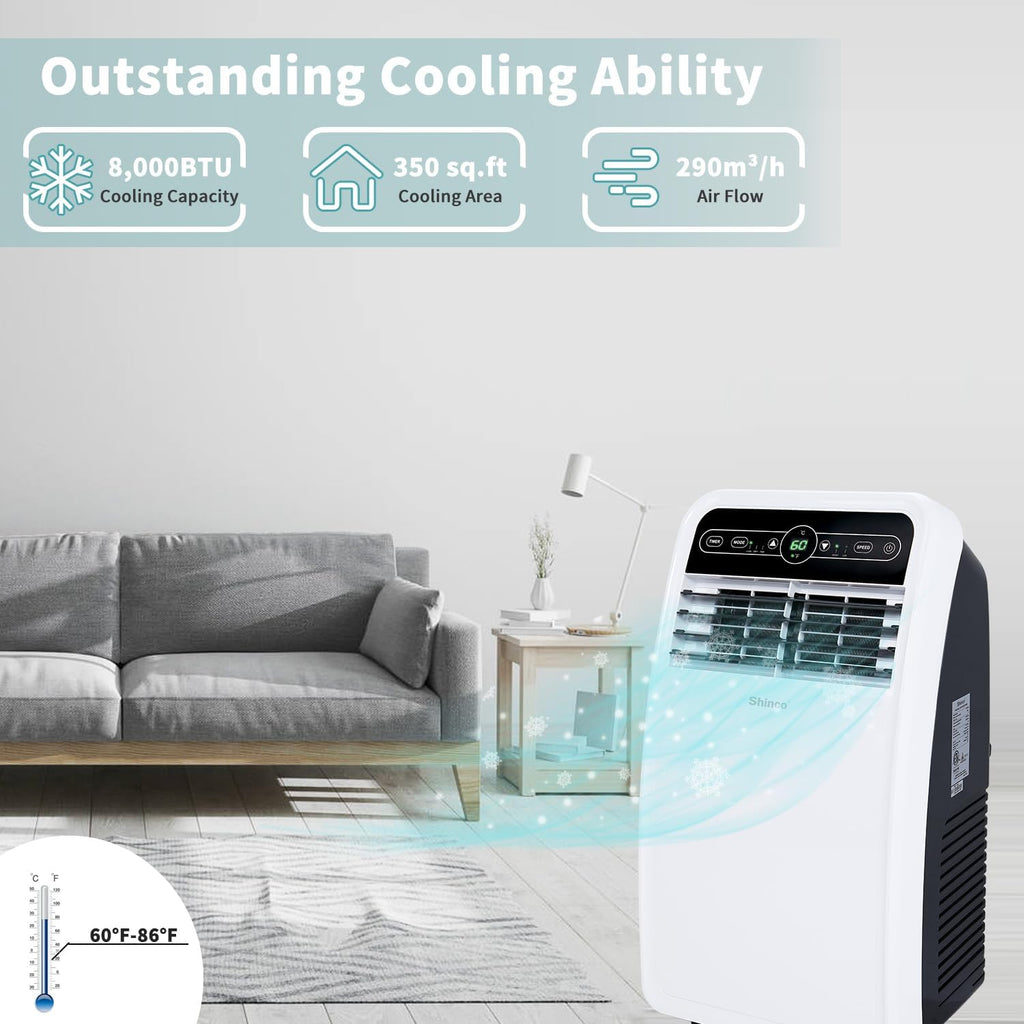 8,000 BTU Portable Air Conditioner, AC Unit with Built-in Cool, Dehumidifier & Fan Modes for Room up to 350 sq.ft