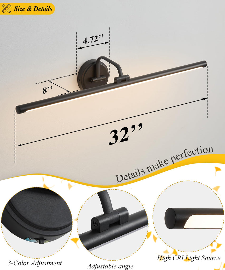 Hardwired Picture Light for Wall,32 Inch Modern Black Dimmable Frame Light with Adjustable Swing Arm,3CCT LED Art