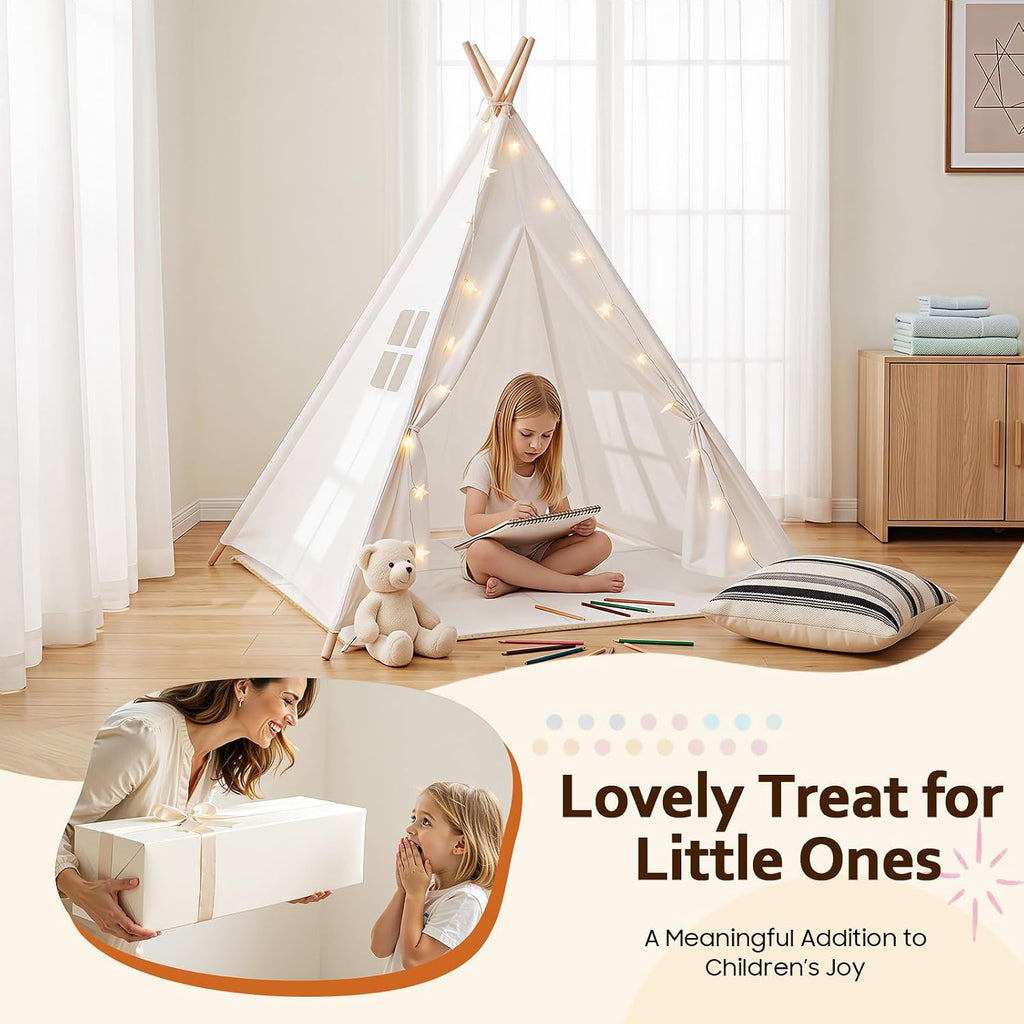 Kids Teepee Play Tent Cotton Linen with Lights for Indoor Outdoor