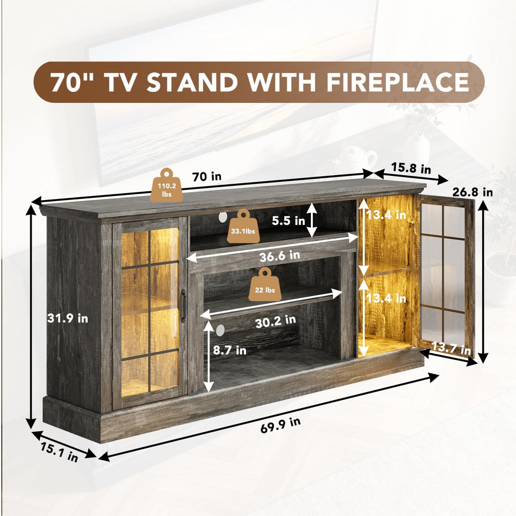 70" Farmhouse TV Stand for 80 Inch TV, Entertainment Center with Storage Cabinets, Media Console Table, Grey
