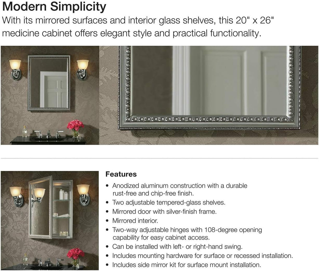 CB-CLW2026SS Aluminum Bathroom Medicine Cabinet with Mirror, Decorative Silver Framed Mirror Door, Adjustable