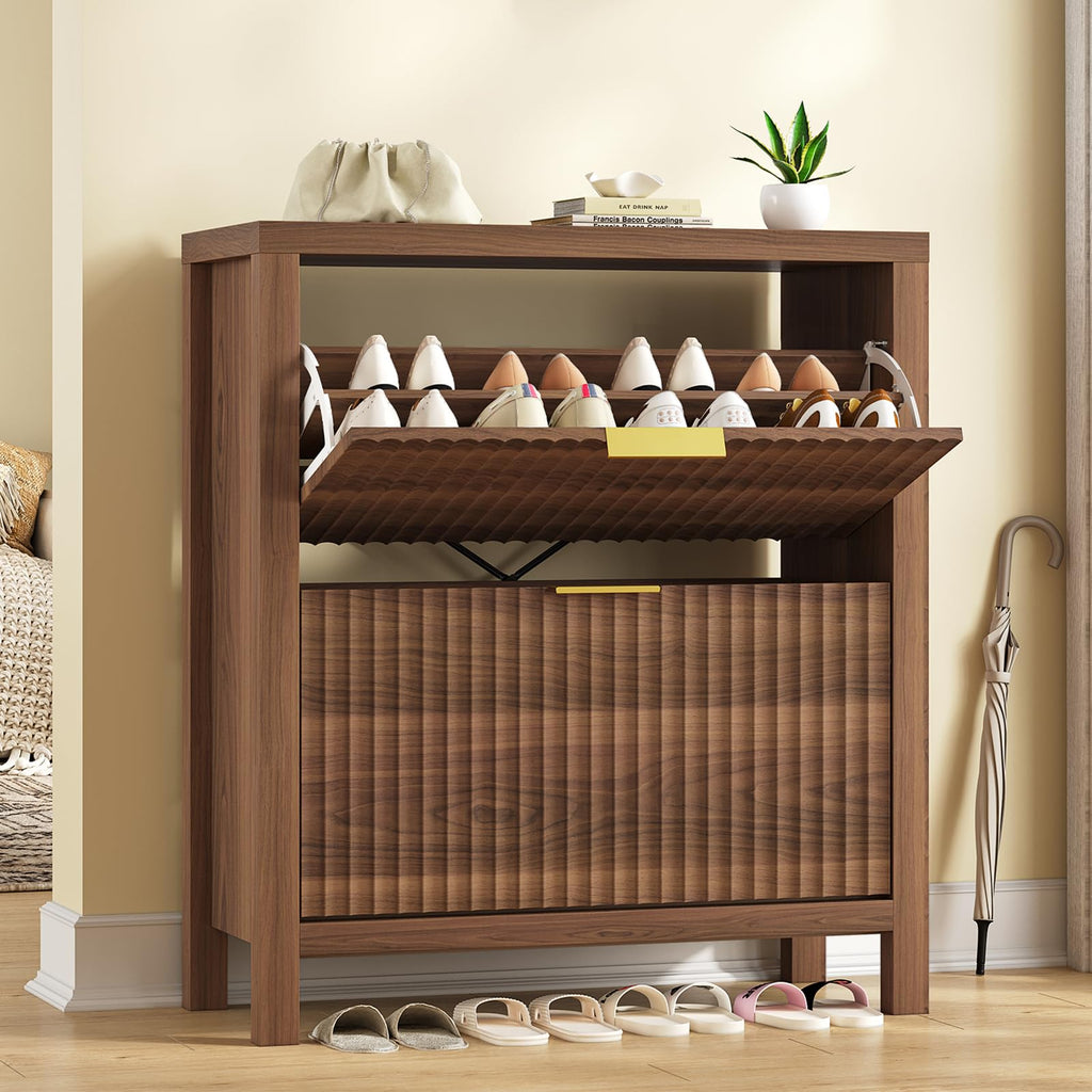 Fluted Shoe Cabinet Storage with 2 Flip Drawers