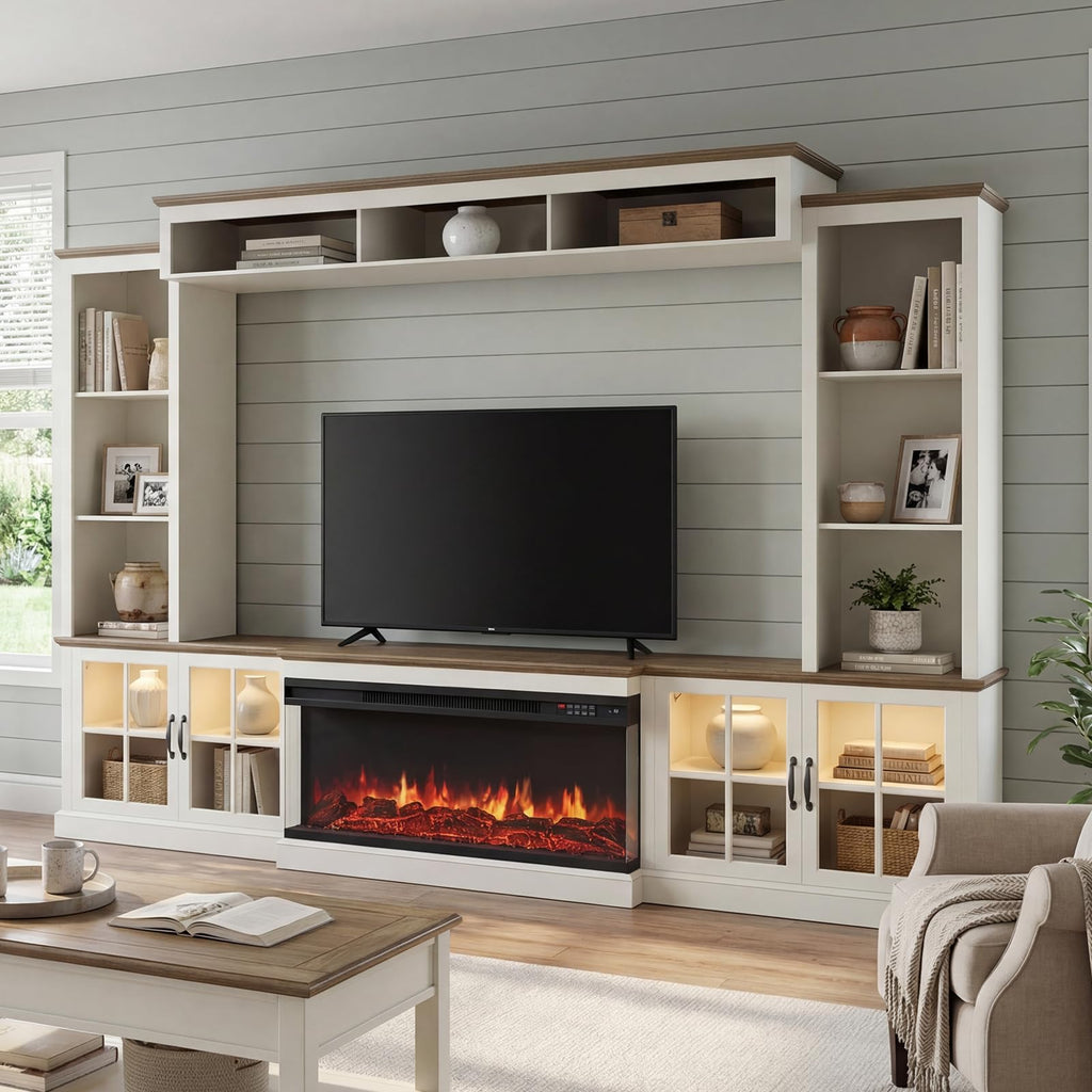 White Farmhouse TV Stand with Fireplace, Entertainment Center, 98" Wall Unit Media Console with Bookshelf, Cabinet &