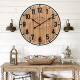 Large Old Town Farmhouse Wall Clock 24 Inch Rustic Antique Wood with Metal Circle and Large Numerals Silent Battery