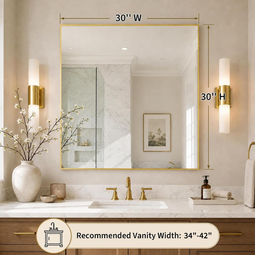 30x30 Inch Brushed Gold Square Bathroom Vanity Mirror