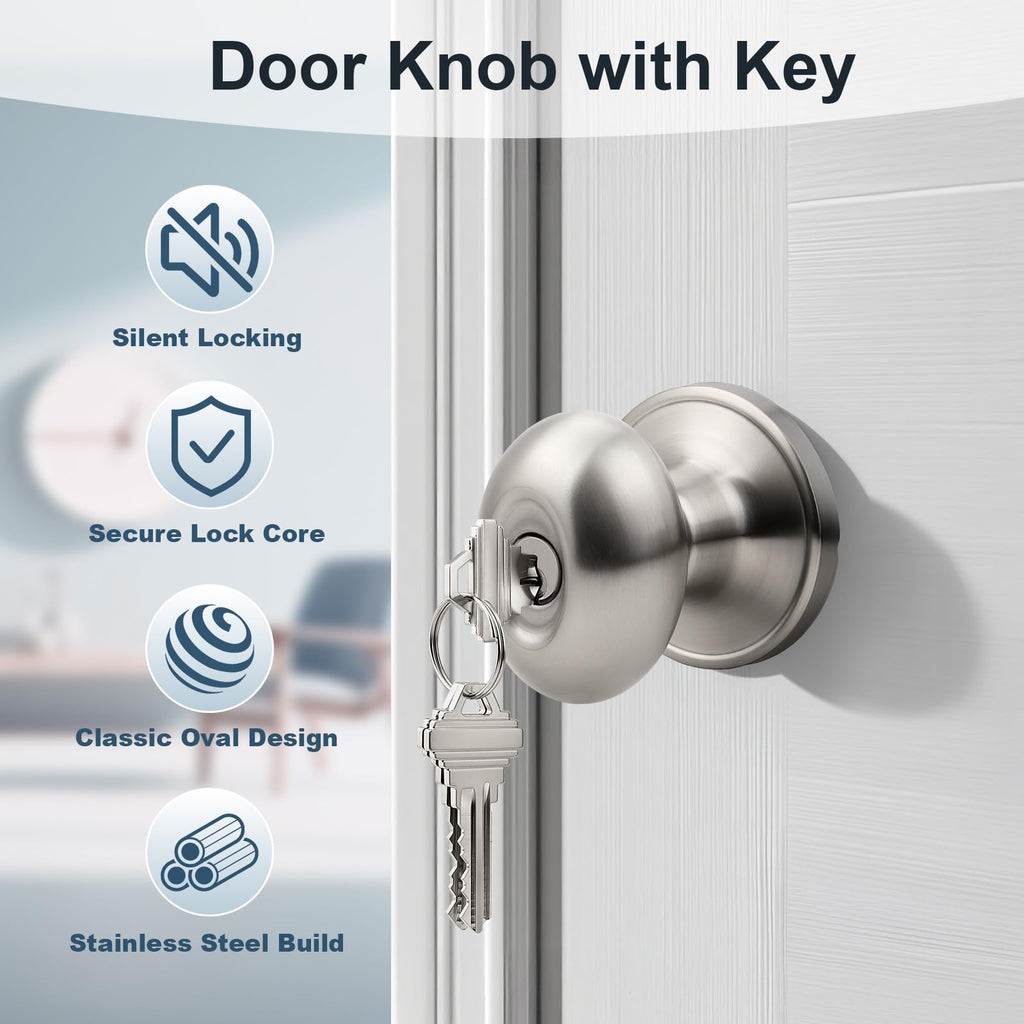 6 Pack Brushed Nickel Door Knob with Lock and Key, Egg Shaped Oval Door Knob Keyed Alike Doorknob /Bathroom/Office