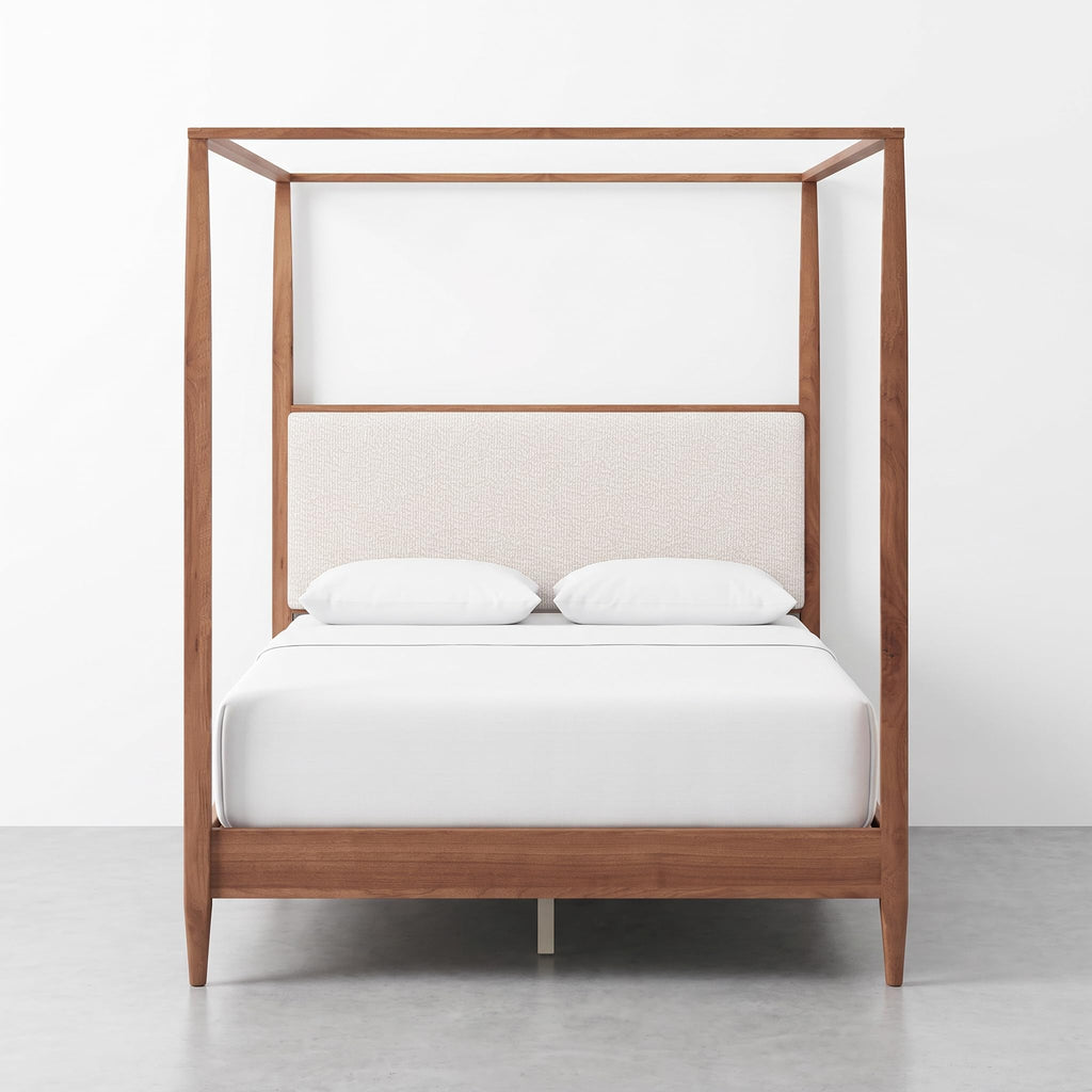 4-Poster Wood Canopy Bed with Boucle Headboard, Walnut