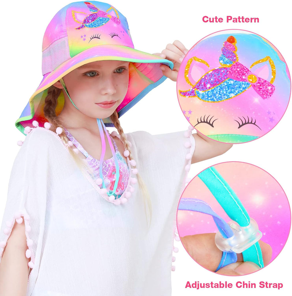 Kids Sun Hat Anti-UV Girls Boys Wide Brim Neck Flap UPF 50+ Sun Protection Beach Hat with Adjustable Chin Strap Ages