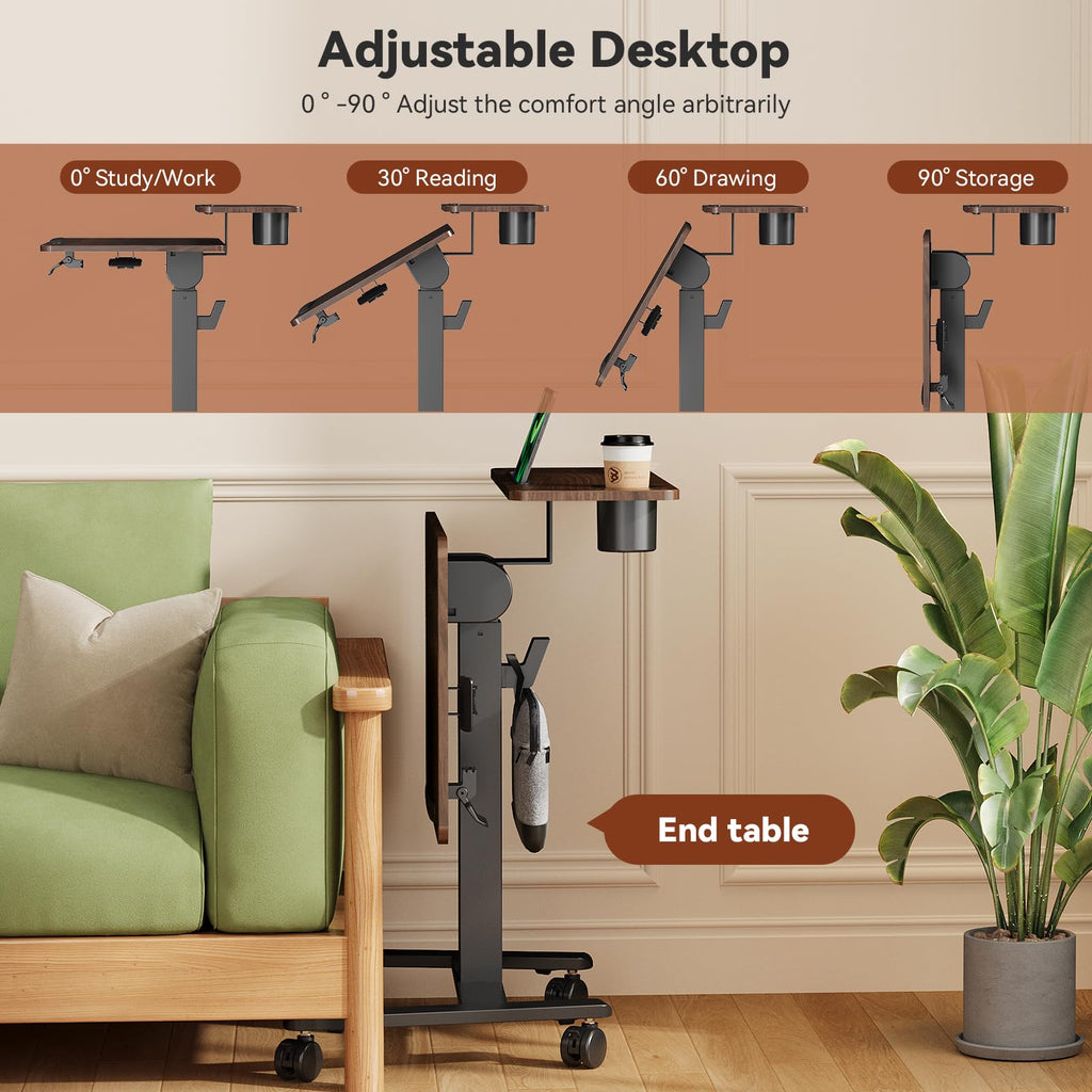 28" Mobile Standing Desk, Tiltable Top with 2-Tier Shelves, Walnut