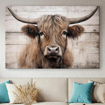 Texas Longhorn Cow Canvas Wall Art - Bull Print Home Decor - Barnhouse Wall Art - Farmhouse and Wild West Small to