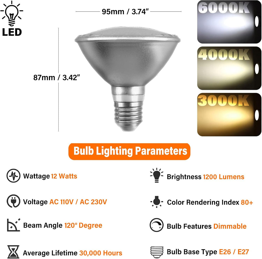 PAR30 Flood Lights LED Bulbs 12 Watt 1200 LM,Dimmable Bulb Spotlight, 10% - 100% Brightness Adjustment, E26/E27 Base