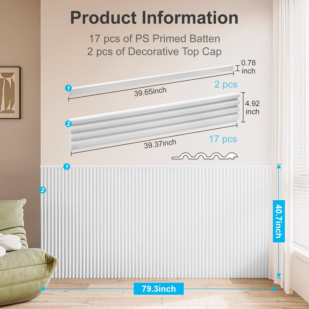 79.3 x 40.7 Inch Beaded Wainscoting Wall Panel, 22.38 sq.ft, White