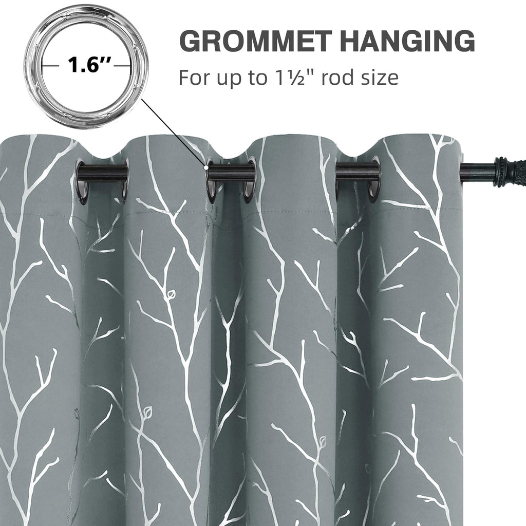 Blackout Curtains 84 Inch Length 2 Panels Set, Grey Curtains, Foil Tree Branches Print Geometric Grommet Top Drapes
