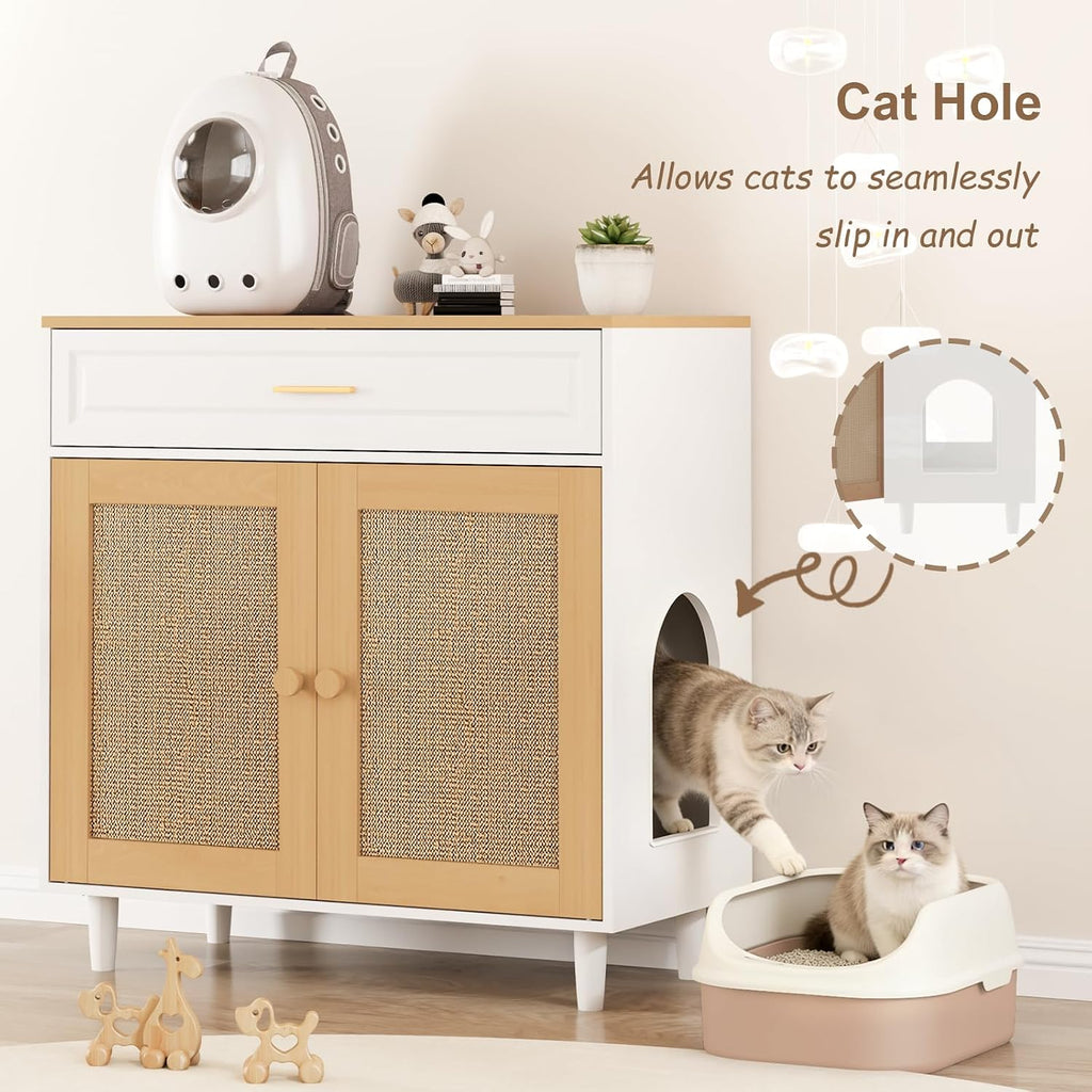 Cat Litter Box Enclosure, Hidden Litter Box Cabinet with Sisal Scratching Board Doors and Drawer, Dog Proof