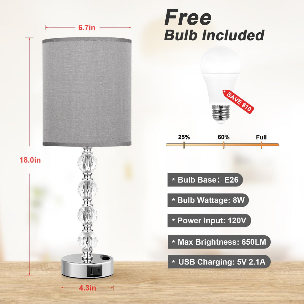 Touch Bedside Crystal Lamps s Nightstand with USB C+A Charging Port and AC Outlet White, 3 Way Dimmable Silver Large