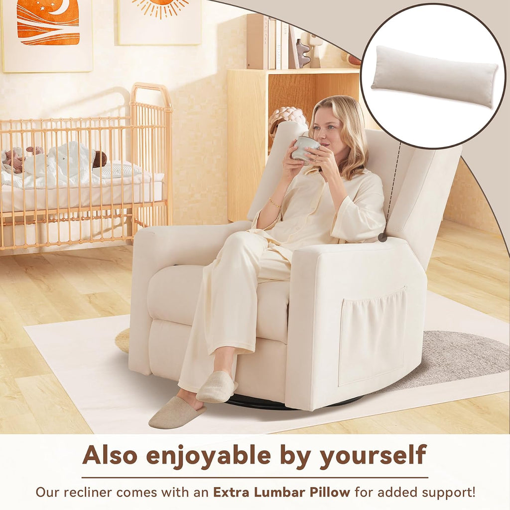 32" Nursery Rocking Chair, 360° Swivel Recliner Chair with Lumbar Support , Comfy Upholstered Armchair with Pillows &
