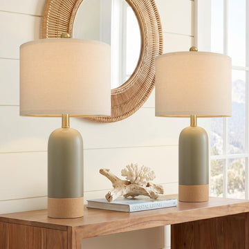 24'' Hand-Textured Green Table Lamps, Farmhouse Bedside Lamp Set of 2