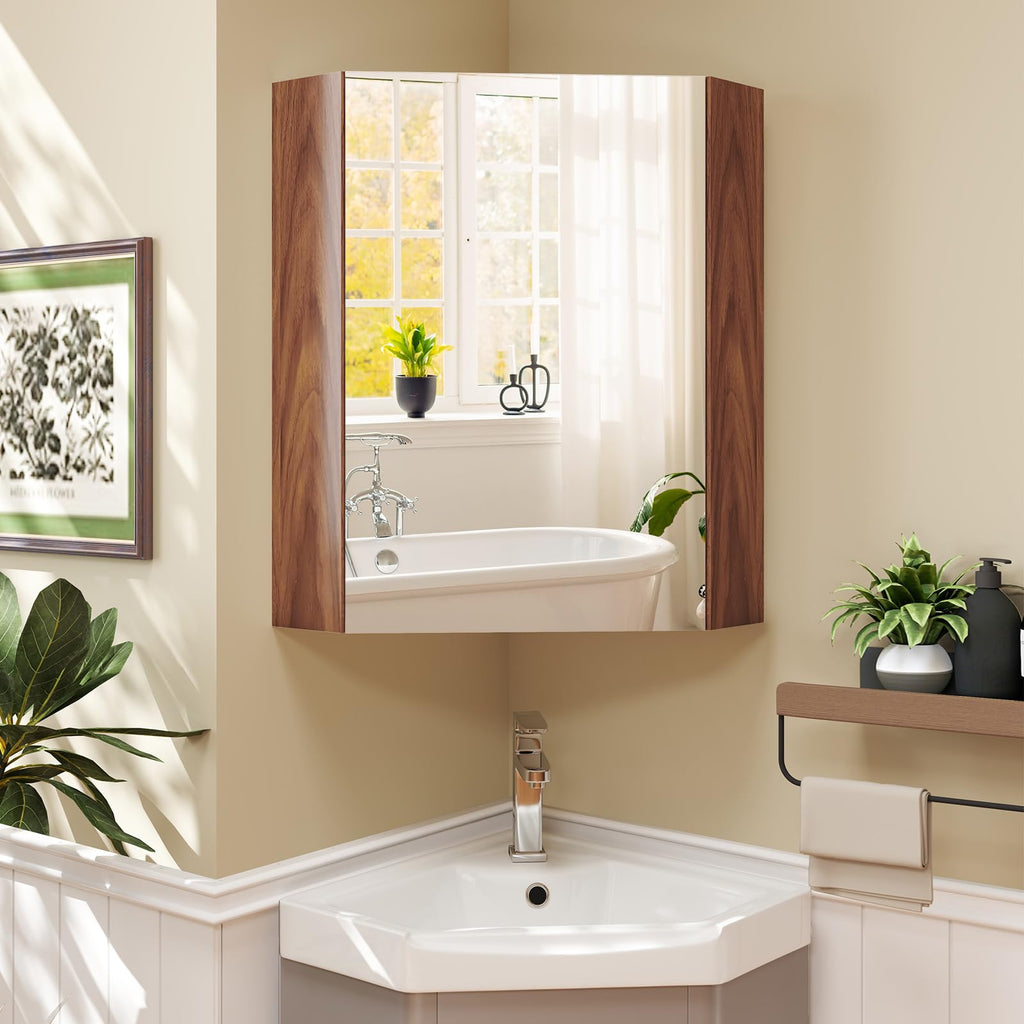 Corner Medicine Cabinet with Mirror, 23.5" Wall Mounted Storage Cabinet Organizer with Left/Right Open Mirror Door &