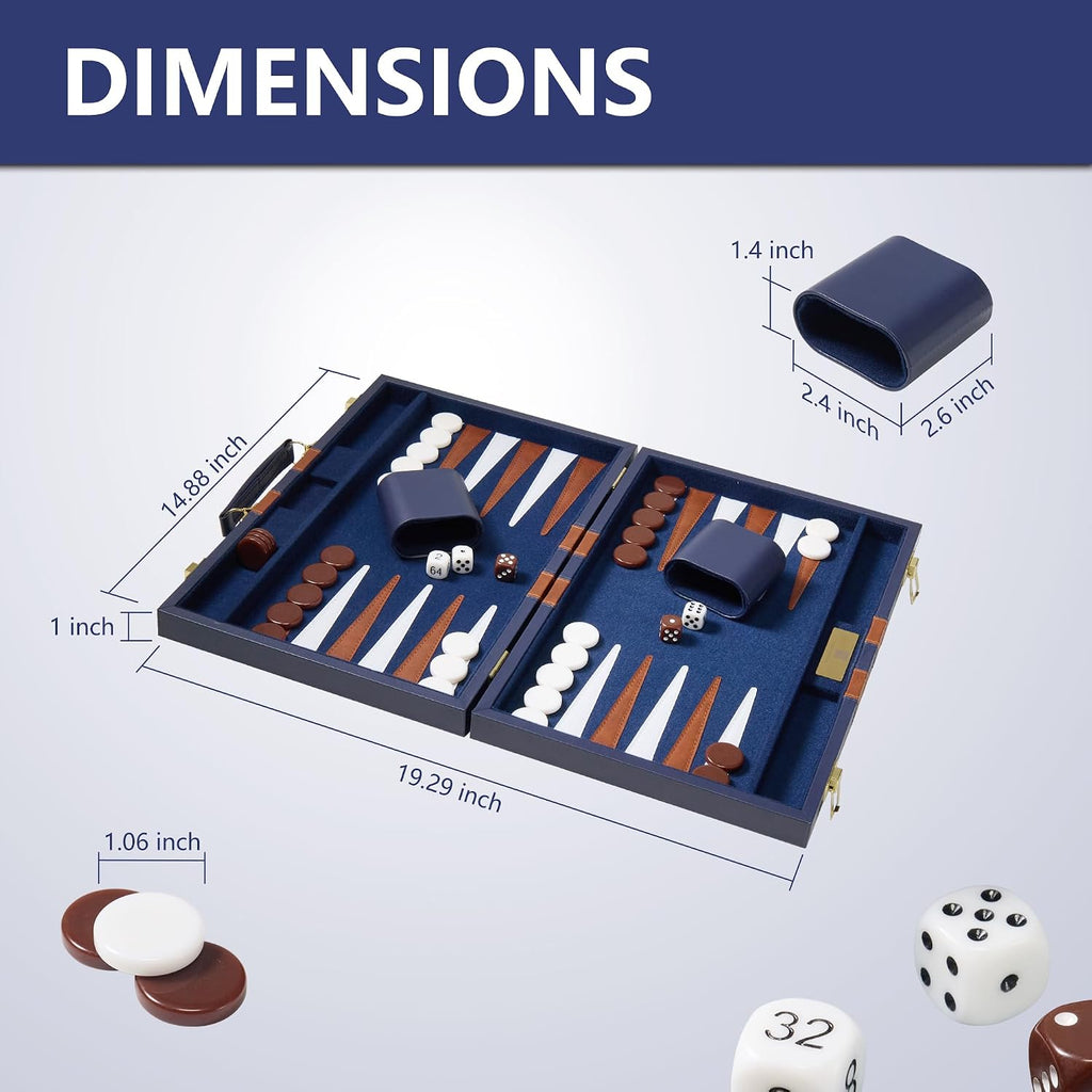 15 inch Backgammon Sets for Adults - Classic Board Game with Premium Sea Blue Leather Case - Travel Backgammon Set - Set of 32