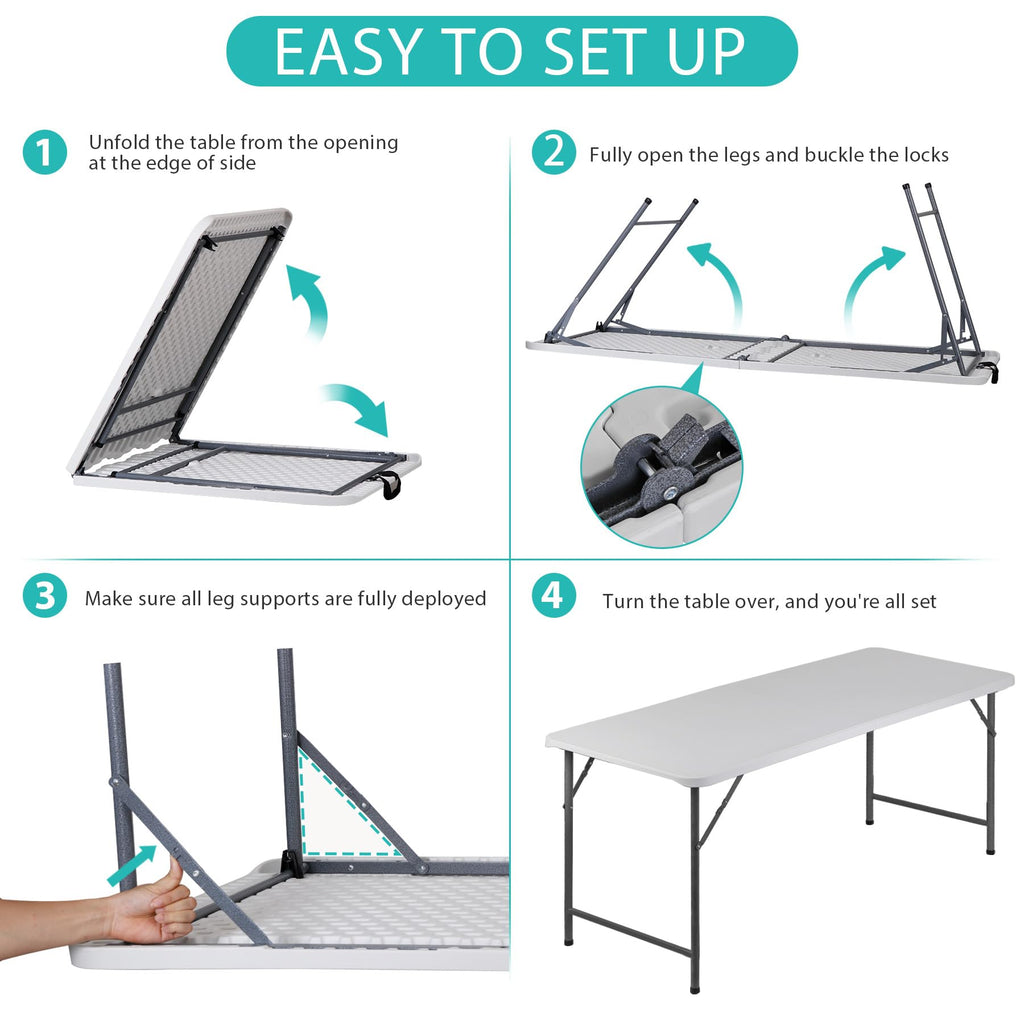 Upgraded 6FT Folding Picnic Table for Outdoor, Portable Fold-in-Half Plastic Dining Picnic Party Table with Carrying
